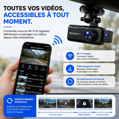 Dashcam SIVONYX V23 — Avant, intérieur et arrière